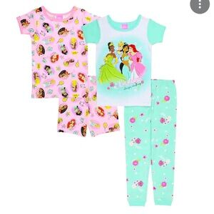 DISNEY Princess Girl Kids 4-piece Cotton PJ Set 2 Shirts 1 Pants 1 Shorts Size 5
